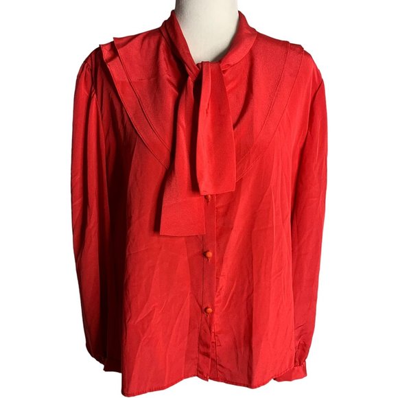 Vintage 80s Button Up Secretary Blouse L Red Long Sleeve Tie Bow Layered Collar - Picture 1 of 7